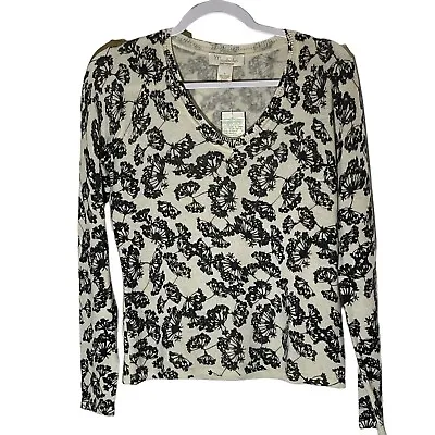 Mainbocher Off White & Black Floral Pure Cashmere Sweater Size Small New W Tag • $49.99