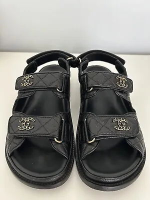 Chanel Dad Sandals Black Caviar Leather With Gold CC Hardware Size 37.5 • $1500