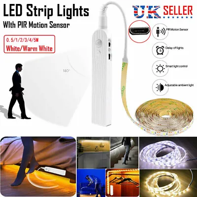 PIR Motion Sensor LED Strip Light Battery Powered Stair Closet Cabinet Home Lamp • £9.05