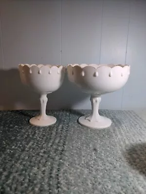 Vintage Set Of 2 Milk Glass Tear Drop Pedestal Fruit Candy Bowls 7.5  X 7.5  • $20