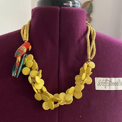 Vintage Yellow Wood Disc Multi Strand Painted Macaw Parrot Statement Necklace • $17.95