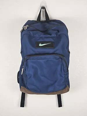 Vtg 90s Nike Swoosh Backpack/Blue Nylon/ Brown Suede Bottom /School Hiking Sport • $80