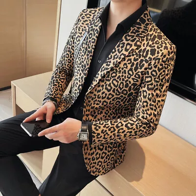 Korean Mens Blazers Suit Two-button Leopard Print Jacket Business Nightclub Coat • $85.78