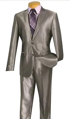 Men's Shiny Suit Single Breasted 2 Button 2 Pc Slim Fit Shark Skin Sz 46L/40W • $112.50