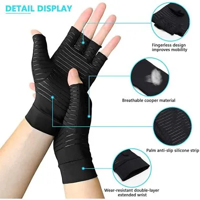 Copper Compression Gloves Anti Arthritis Fingerless Hand Support Pain Relief UK • £5.49