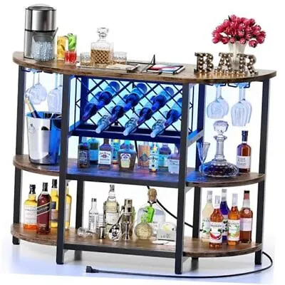  Bar Table Cabinet With Power Outlet LED Home Mini Bar For Liquor Metal Brown • $203.15