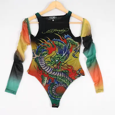 Ed Hardy X Missguided Womens Mesh Bodysuit Size 6 Black Open Shoulder Dragon • $89