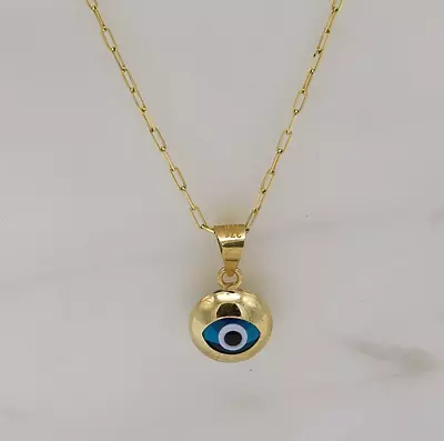 9ct Yellow Gold Round Blue Evil Eye Pendant Necklace 20  Chain Gift Boxed • £149.90