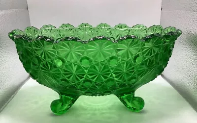 Large Vintage L.G. Wright Glass Daisy & Button Green 4 Toed Oval Compote Bowl • $28