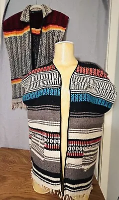 2 Vintage Authentic Mexican Serape Woven Blanket Fringed Vests • $83