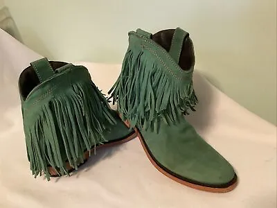 Liberty Black Green Leather Ankle Cowboy Boots W Fringe Vegas Faggio Womens Sz 6 • $49.99
