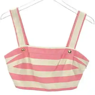 MIGUELINA M Isabella Cropped Button Embellished Striped Cotton Twill Top Pink • $49.50