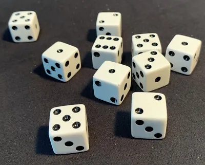 Set Of 10 Six Sided Square Opaque 16mm D6 Dice - White With Black Dots • $9.63