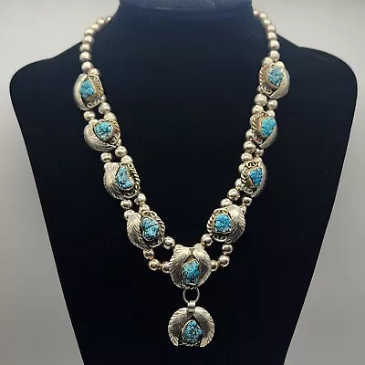 Vintage Navajo 925 Sterling 140 Gram Turquoise Squash Blossom Style Necklace 19  • $405