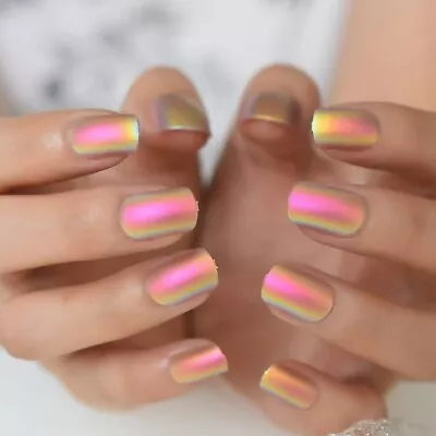 False Nails Square Matte Holographic Metallic 24pk + Nail Tabs By EchiQ 0191 • £3.99