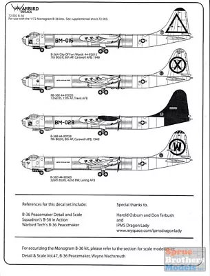 WBD72002 1:72 Warbird Decals - B-36 RB-36 Peacemaker #72002 • $21.49