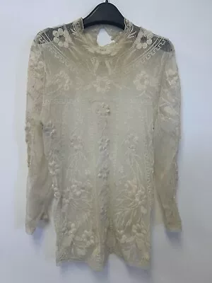 Sundance Lace Ivory Mesh Top Sheer Embroidered Floral Blouse Size Large As Is • £9.72