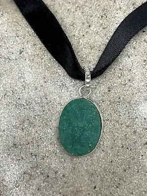 Vintage Green Chrysoprase Druzy Crystal Choker Pendant Necklace • $48