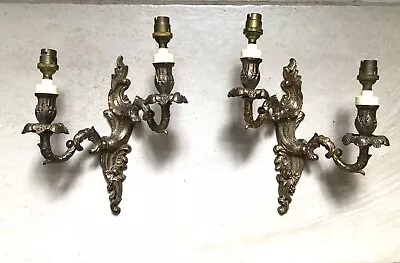 Pair Vintage Brass French Rococo Style 2 Arm Wall Lamp Lights Candle Sconces • $136.96