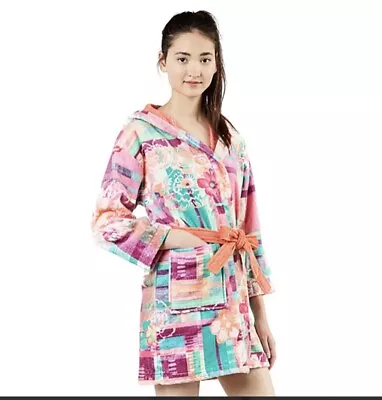 Desigual Living Size S/ Youth L Floral Terry Bathrobe Loungewear Hooded Like New • $39