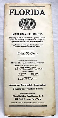 Aaa  American Automobile Association Highway Road Map Of Florida 1918 Vintage • $10.50