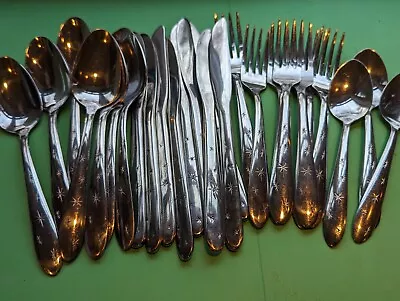 31 Pieces Vintage MCM  Mar-Crest Atomic Starburst 5 Star Stainless Flatware • $59.99