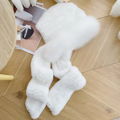 Women's Long Real Rabbit Fur Scarf + Hat Set Warm Shawl Stole Scarves Wrap Cape • $95