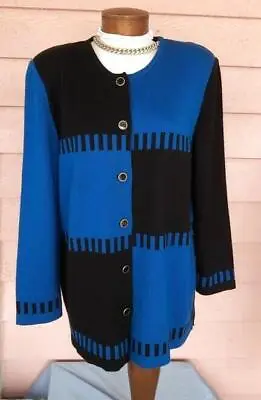 MITA CARDIGAN JACKET Vtg BLUE BLACK Colorblock L XL American Luxury Knit Washabl • $49.99