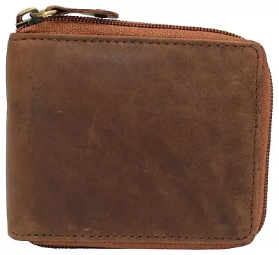 RFID Blocking Mens Vintage Leather Zip Around Bifold Wallet Credit Card Holder • $17.99