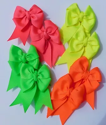 Pair Of Neon Ribbon Hair Bow Small Alligator Clips Pink Green Orange Yellow 80s • £2.50