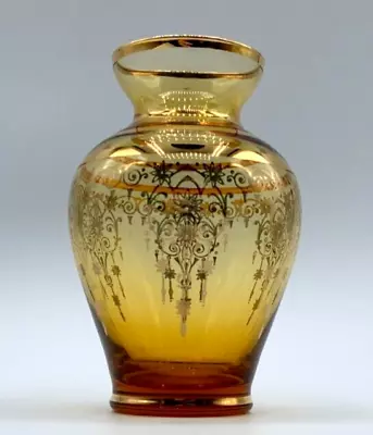 Vintage Venetian Glass Vase - Amber With Gold Flowers And Scroll Overlay 4 In. • $21