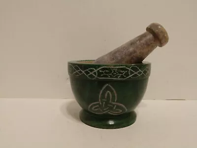 Green Soapstone Triquetra Mortar And Pestle Set 3.5  Wide ~ Wiccan Herb Grinder • $26.95