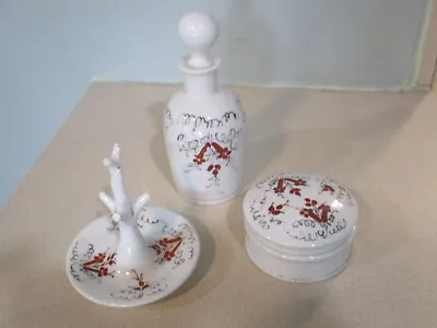 Victorian Milk Glass Dresser Drawer Vanity Set Ring Tree-Ring Box-Perfume Bottle • $215