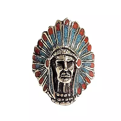 Large Southwestern Indian Chief Headdress Ring Turquoise & Coral Sterling Silver • $79.20