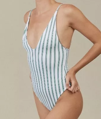 Acacia Lenny One Piece Swimsuit Green White Striped Medium • $98