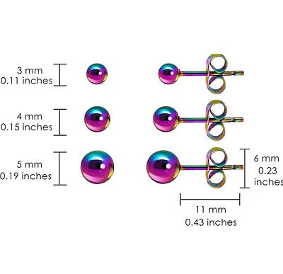 Pair Rainbow Round Stud Earrings Set Surgical Steel Stud Earrings For Men Women • £3.59