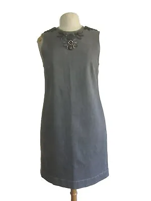 Lanvin Sz 38 Grey Denim Floral Bead Detail Scoop Neck Sleeveless Dress • £15