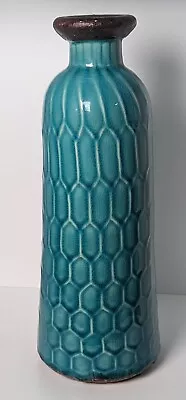 Tuquoise Bottle Ceramic Vase Hexagon Honeycomb Textured Design Approx. 12'' Tall • $11.99