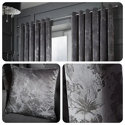 Curtina Damask Eyelet Curtains Ring Floral Grey Window Ready Made Drapes Cushion • £7.95