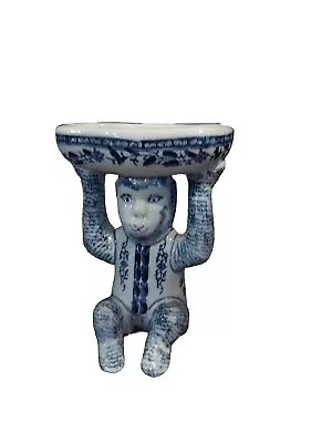 Vintage Chinoiserie Blue White Ceramic Monkey Soap Dish Candy Trinket 8.5  • $75