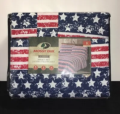 MOSSY OAK PATRIOTIC 6 Pc SHEET SET Queen Or King STARS & STRIPES NIP • $52.96