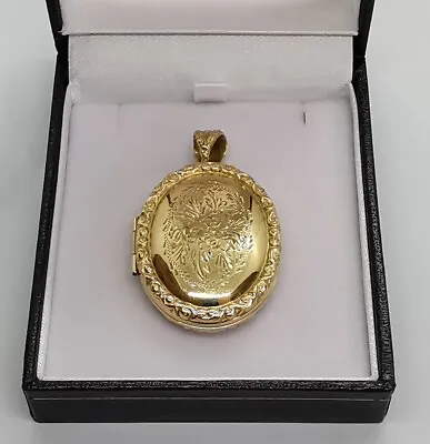 9ct 375 Yellow GOLD FLORAL DESIGN LOCKET Oval 27x35mm Tapered Bail 2 Photos 13g • £520