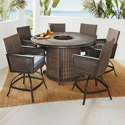 Outdoor Dining Set Tabletop Gas Fire Pit Table And Chairs Patio Agio 7 Pc  ~new~ • $2799.99