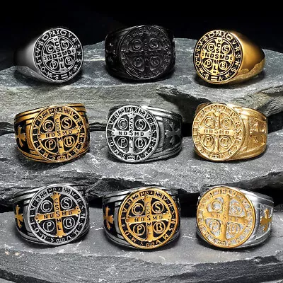 Stainless Steel Catholic Ring Saint Benedict Exorcism Amulet Men Rings Size 7-13 • $10.99