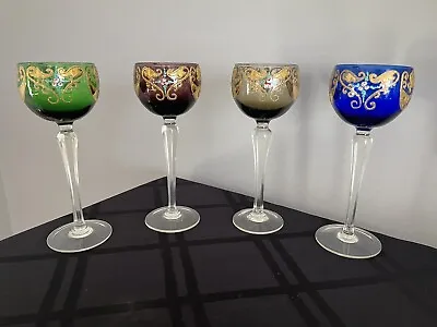 Bohemian Murano Wine Glasses Handpainted Heavy Gold Set Of 4 • $129.99