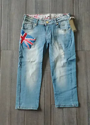 NWT Simply Limited British Union Jack Denim Cropped Capri Knee Pant Sz 4 US/36 E • £23.74