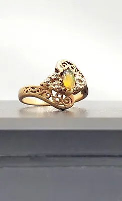 Solid 10k Yellow Gold Mexican Fire Opal & Diamonds Ring Size 4.5 - 2.3g Vintage • £180.03
