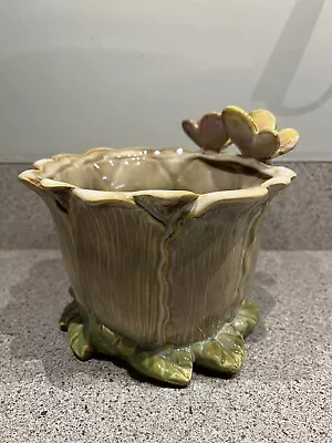 Tulip Shape Hand Painted Majolica Planter Flower Pot W/ Butterflies • $17.99