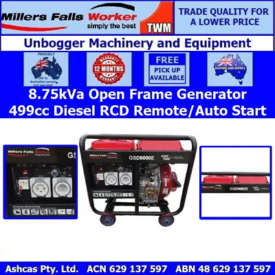 Millers Falls TWM 7kW 8.75kVa Open Frame Diesel Generator 499cc Electric Start • $1821