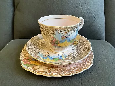 Vintage Colclough Pink Crinoline Lady Trio Set - Tea Cup Saucer & Side Plate • $35